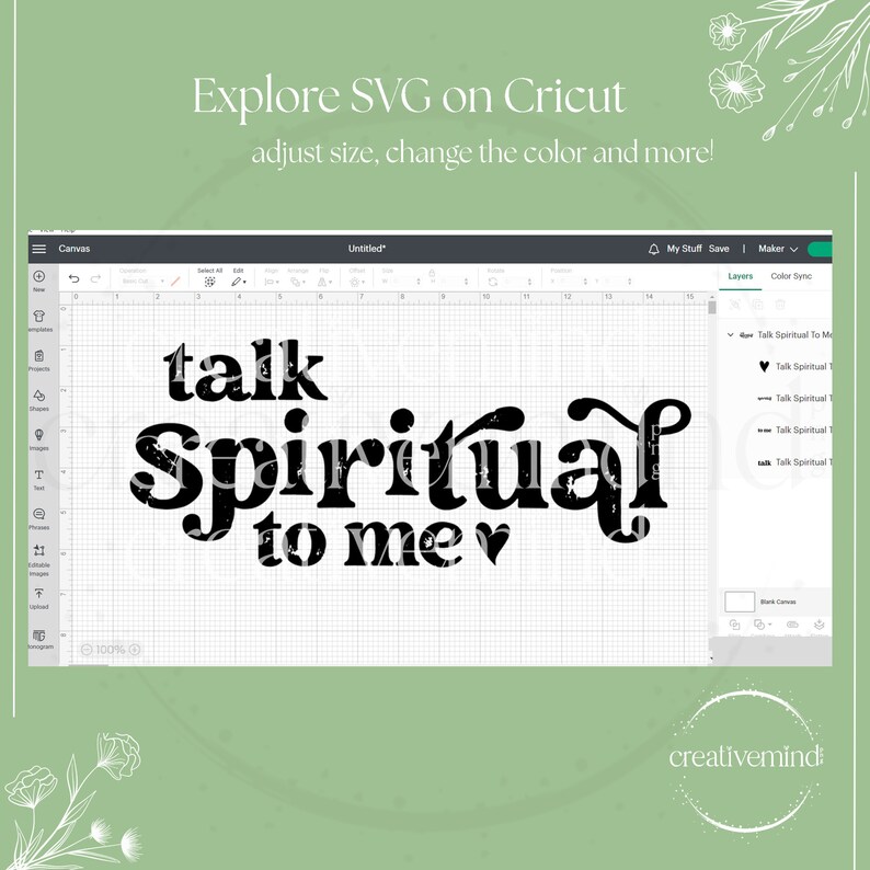 May include: A black and white graphic design with the text "talk spiritual to me" with a heart symbol. The design is in a distressed font style.