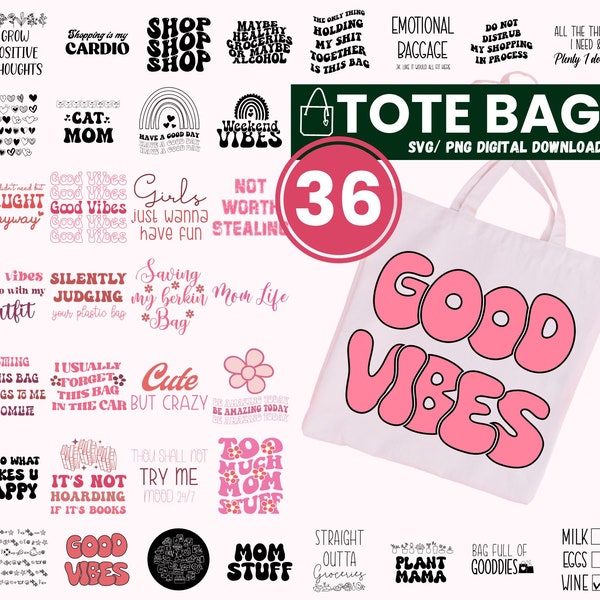 Retro draagtas SVG bundel, grappige draagtas gezegden SVG, esthetische totebag, ondersteuning winkel kleine SVG, markt tas SVG, PNG-bestanden