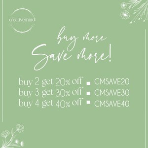 May include: Green background with white text that reads "buy more save more!" and lists discounts for buying multiple items. The discounts are: buy 2 get 20% off - CMSAVE20, buy 3 get 30% off - CMSAVE30, buy 4 get 40% off - CMSAVE40.