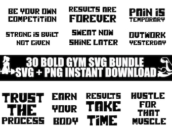 Paquete de 30 imágenes SVG llamativas para el gimnasio, motivación para entrenar, frases sobre fitness (descarga digital)