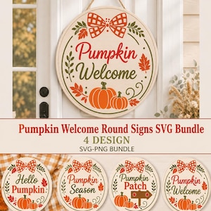 以下が含まれることがあります： 赤と緑の文字でPumpkin Welcomeと書かれた円形の木製看板。上部には赤いチェック柄のリボン、緑の葉のついた蔓、下部には2つのオレンジ色のカボチャが描かれています。看板はベージュ色のロープで吊り下げられています。