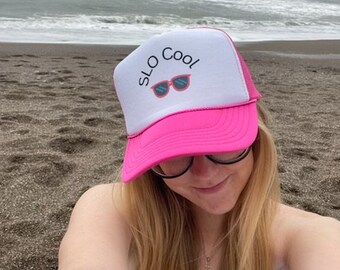 Pink Womens Trucker Cap with sunglasses for sunny San Luis Obispo days