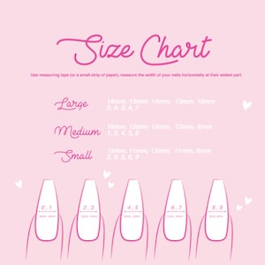 May include: Size chart for press-on nails with measurements in millimeters. The chart shows nine different nail sizes, labeled 0.1 through 8.9. The chart also includes three size categories: Large, Medium, and Small, with corresponding nail sizes listed for each category.