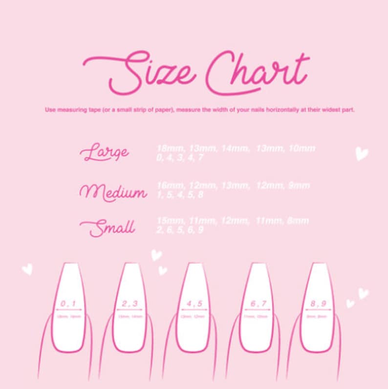 May include: Size chart for press-on nails with measurements in millimeters. The chart shows nine different nail sizes, labeled 0.1 through 8.9. The chart also includes three size categories: Large, Medium, and Small, with corresponding nail sizes listed for each category.