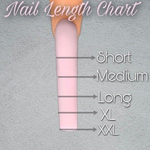 May include: A chart showing different nail lengths, labeled "Short", "Medium", "Long", "XL", and "XXL".