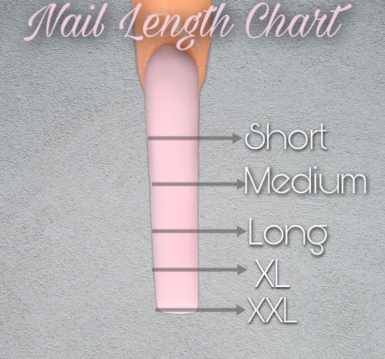 May include: A chart showing different nail lengths, labeled "Short", "Medium", "Long", "XL", and "XXL".
