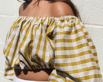 PALAKA off-the-shoulder crop top | 4-line Hawaiian plaid | handmade in Hawaii | summer luau outfit