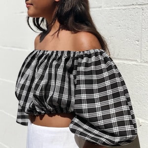 PALAKA off-the-shoulder crop top | 4-line Hawaiian plaid | handmade in Hawaii | summer luau outfit