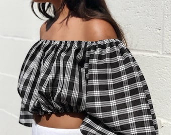 PALAKA off-the-shoulder crop top | 4-line Hawaiian plaid | handmade in Hawaii | summer luau outfit