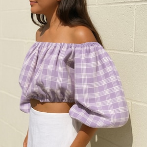 PALAKA off-the-shoulder crop top | 4-line Hawaiian plaid | handmade in Hawaii | summer luau outfit