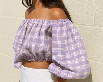 PALAKA off-the-shoulder crop top | 4-line Hawaiian plaid | handmade in Hawaii | summer luau outfit