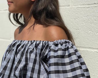 PALAKA off-the-shoulder crop top | 4-line Hawaiian plaid | handmade in Hawaii | summer luau outfit