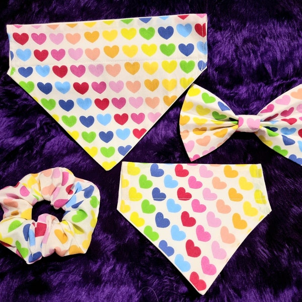 Gorgeous rainbow hearts dog bandanas, bow ties and scrunchies