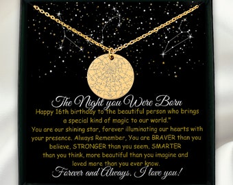 16th Birthday gift girl, custom star map by date necklace, 16th birthday gift, sweet sixteen constellation star map, niece 16th birthday.