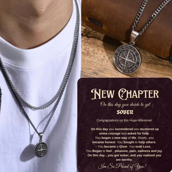 Sobriety gift for men, sober anniversary gift for him , 1 year Sobriety gift, sobriety symbol, AA recovery compass necklace gift him.