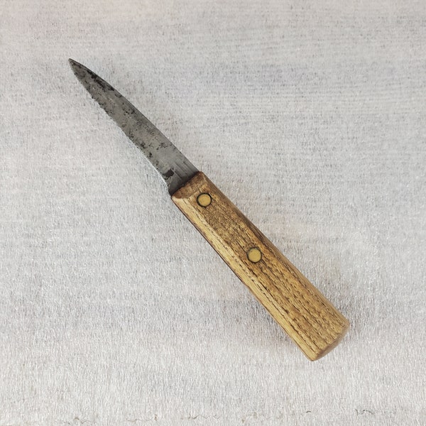 Vintage Forgecraft Hi-Carbon Steel Blade Small Paring Knife MCM 3.25" blade 7" total knife length Wood Handle ~ Needs Work