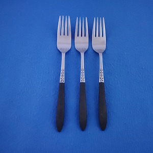 Ekco Silver EKS37 ~ Salad Forks 7 1/8" ~ Satin Stainless Black Wood like Handle ~ MCM Danish Modern ~ Japan ~ Sold in Sets of 3