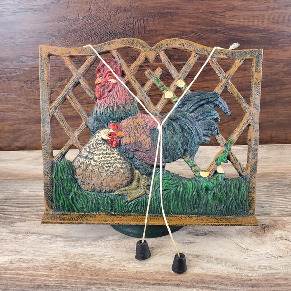 Vintage Cast Iron Rooster and Hen Cookbook Holder Country Farmhouse Kitchen Rustic Recipe Stand