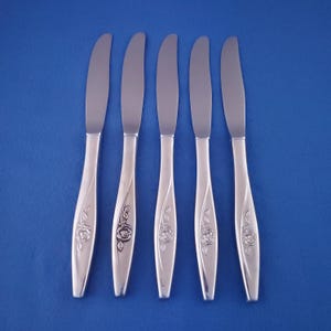 May include: A set of five silver-toned stainless steel dinner knives arranged vertically. Each knife features a smooth, curved handle with an embossed rose floral motif near the base and a polished, slightly serrated blade edge.