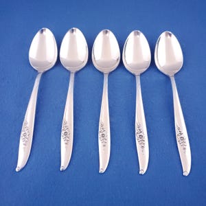 May include: Five silver spoons arranged on a blue background. Each spoon has a rounded bowl and a long handle with a floral design. The spoons are made of a shiny, reflective metal.