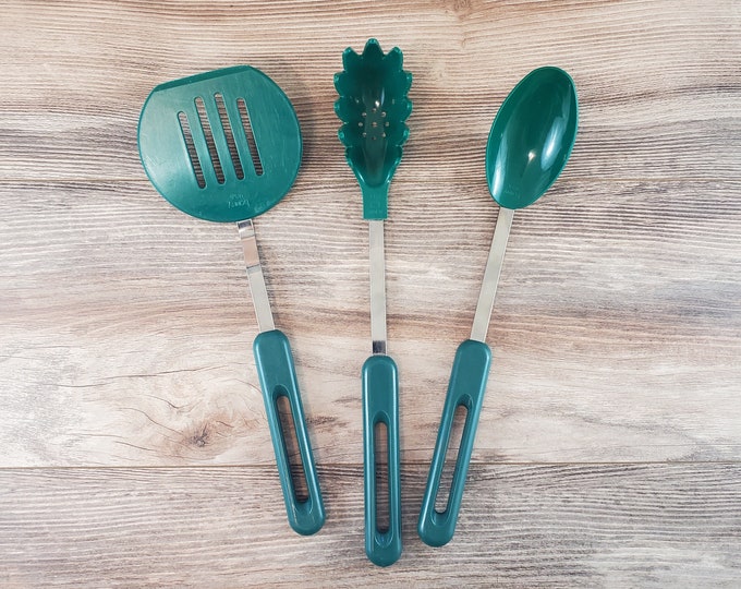 3 Vintage Bonny Kitchen Utensils Green Serving Spoon Spatula and