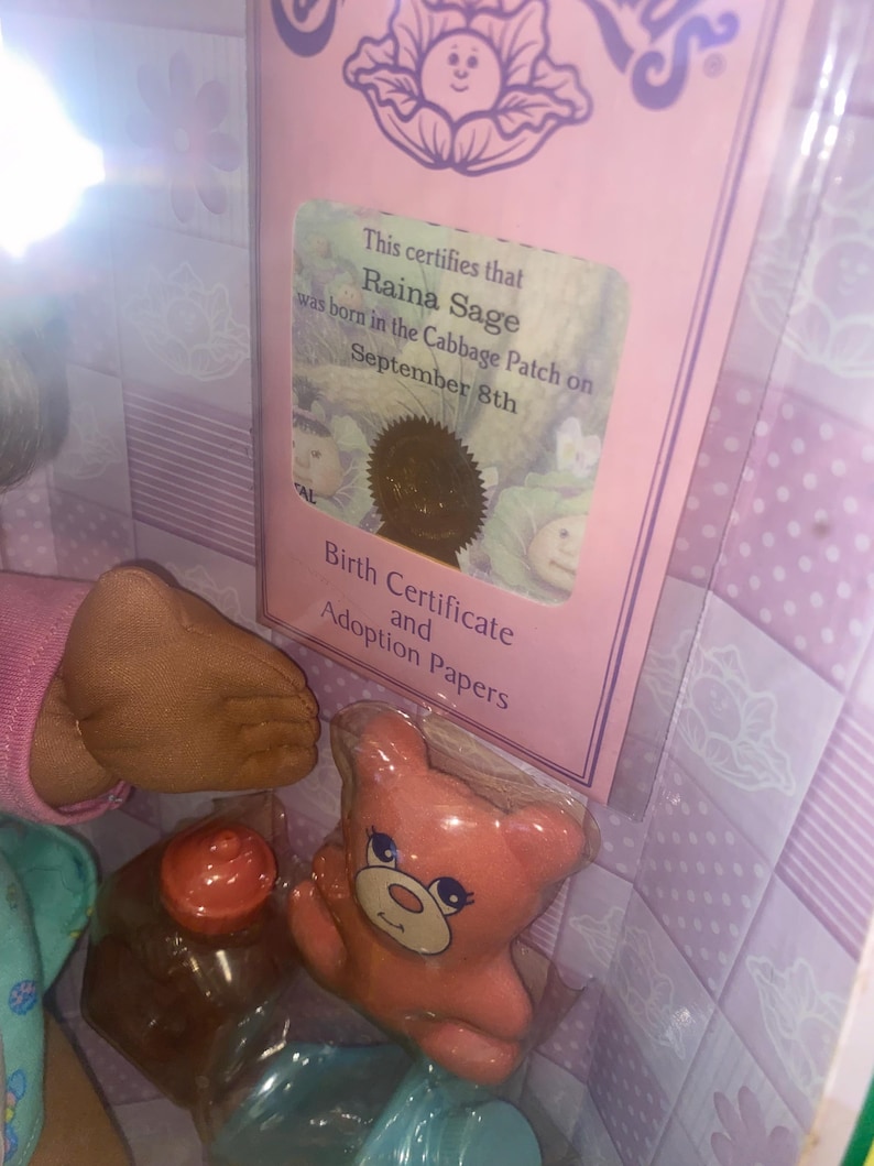 Pu&ograve; includere: Una confezione di bambola Cabbage Patch Kids con un certificato di nascita per Raina Sage nata l'8 settembre, un orsacchiotto di plastica rosa e un biberon marrone, su uno sfondo viola chiaro con un motivo a foglie di cavolo.