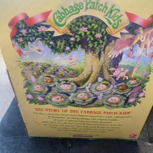 Pu&ograve; includere: Una scatola di cartone rettangolare con un'illustrazione colorata di bambole Cabbage Patch Kids che emergono da foglie di cavolo verdi sotto un grande albero. Il testo recita The Story of the Cabbage Patch Kids e descrive l'origine delle bambole.