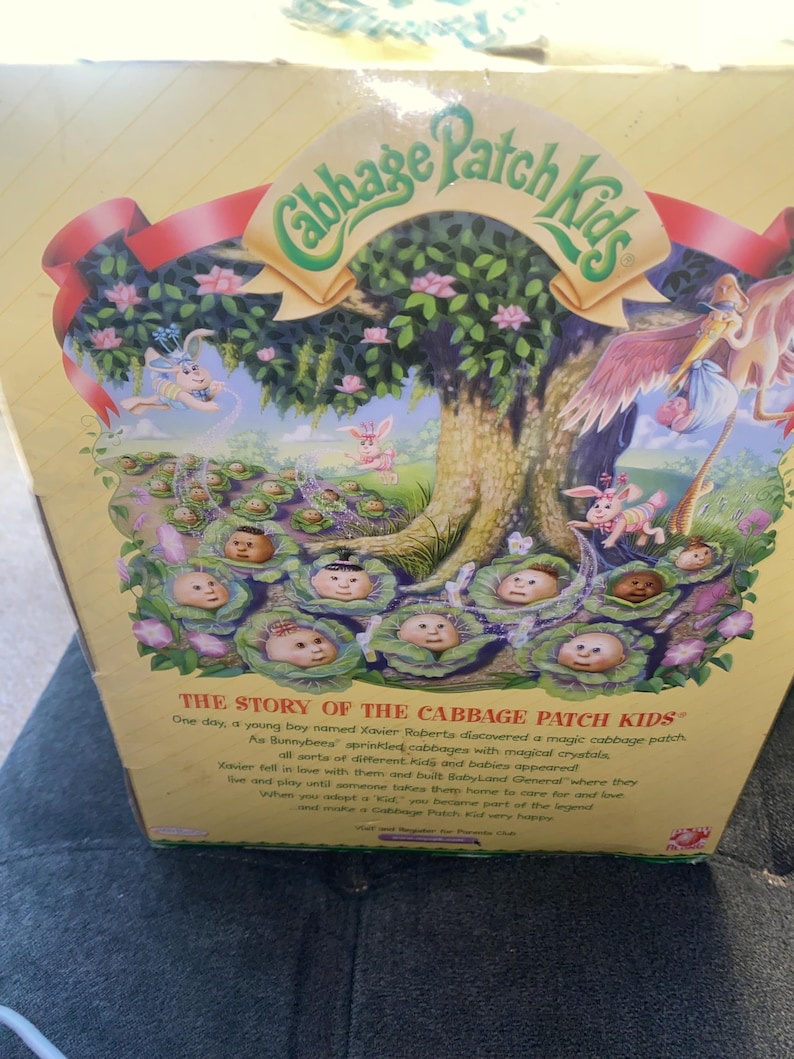 Pu&ograve; includere: Una scatola di cartone rettangolare con un'illustrazione colorata di bambole Cabbage Patch Kids che emergono da foglie di cavolo verdi sotto un grande albero. Il testo recita The Story of the Cabbage Patch Kids e descrive l'origine delle bambole.