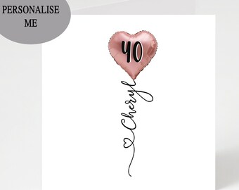 Personalized 40th Birthday Card, Watercolor Heart Balloon