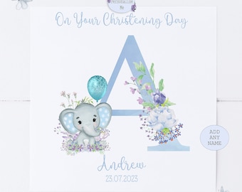 Personalized Baby Boy Christening Card: Initial & Name