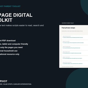 Puede incluir: Un kit de herramientas digital de 36 p&aacute;ginas titulado YouthPivot Parent Toolkit con fondo oscuro y texto blanco. Incluye una vista previa de una p&aacute;gina titulada Fast phrase swaps, junto con una lista de beneficios como descarga PDF instant&aacute;nea.