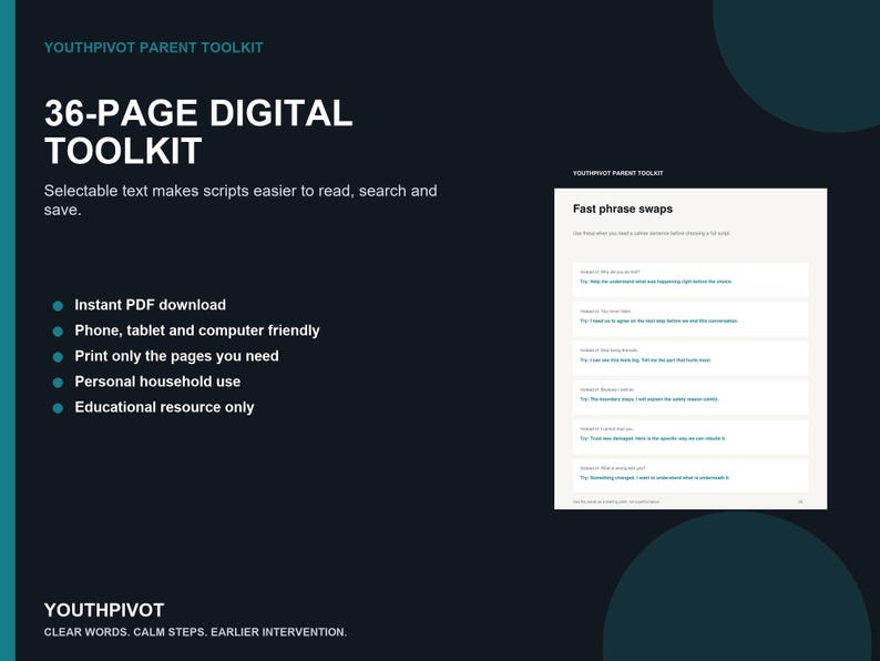 Puede incluir: Un kit de herramientas digital de 36 p&aacute;ginas titulado YouthPivot Parent Toolkit con fondo oscuro y texto blanco. Incluye una vista previa de una p&aacute;gina titulada Fast phrase swaps, junto con una lista de beneficios como descarga PDF instant&aacute;nea.