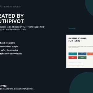 Puede incluir: Un gr&aacute;fico informativo azul oscuro titulado YouthPivot Parent Toolkit. Presenta texto sobre herramientas para padres, puntos sobre seguridad y comunicaci&oacute;n, y un recuadro cuadrado blanco titulado Parent Scripts for Teens con botones de colores.