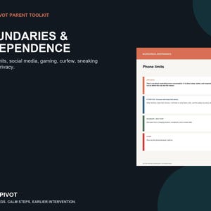 Puede incluir: Un documento digital titulado YouthPivot Parent Toolkit: Boundaries & Independence. Presenta una p&aacute;gina sobre l&iacute;mites telef&oacute;nicos con secciones para hechos clave, respuestas a argumentos, pasos de l&iacute;mites y una directiva final sobre el uso.