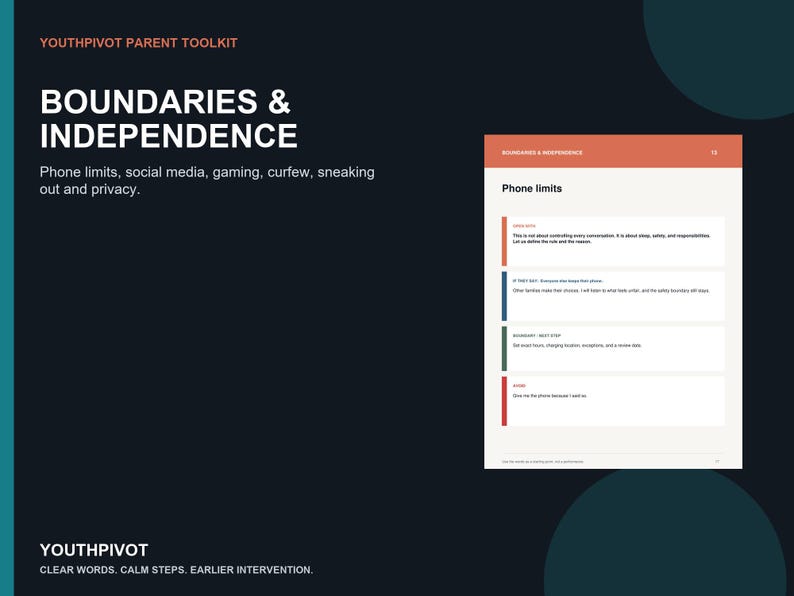 Puede incluir: Un documento digital titulado YouthPivot Parent Toolkit: Boundaries & Independence. Presenta una p&aacute;gina sobre l&iacute;mites telef&oacute;nicos con secciones para hechos clave, respuestas a argumentos, pasos de l&iacute;mites y una directiva final sobre el uso.