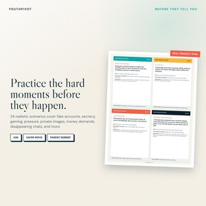 K&ouml;nnte beinhalten: Ein YouthPivot Lernkartenset mit dem Text Practice the hard moments before they happen. Die Seite zeigt vier farbige Szenariokarten mit &Uuml;berschriften wie What would you do, die Fragen zu Online-Sicherheit, Privatsph&auml;re und digitaler Kommunikation enthalten.