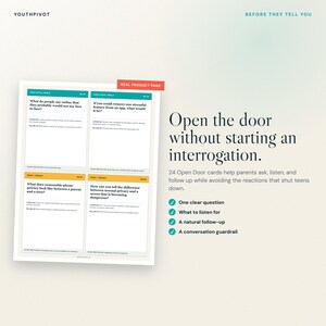 K&ouml;nnte beinhalten: Ein Set aus 24 Gespr&auml;chskarten namens YouthPivot mit t&uuml;rkisfarbenen und gelben Kopfzeilen. Jede Karte enth&auml;lt eine Frage, Tipps zum Zuh&ouml;ren und Nachfassfragen. Der Text lautet: Open the door without starting an interrogation, 24 Open Door cards help parents ask, listen, and follow up while avoiding the reactions that shut teens down.