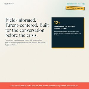 K&ouml;nnte beinhalten: Eine digitale Bildungsressource namens YouthPivot mit Text &uuml;ber elternzentrierte Gespr&auml;chsinstrumente. Ein dunkelblaues Feld hebt 12+ Jahre Erfahrung im Jugendstrafvollzug hervor, erg&auml;nzt durch Text zu Risikomustern bei Jugendlichen.