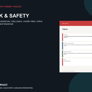 Puede incluir: Un documento YouthPivot Parent Toolkit titulado Risk & Safety, que presenta una p&aacute;gina sobre el vapeo con secciones llamadas Start With, If They Say, Boundary-Next Step y Avoid. El texto aborda sustancias, compa&ntilde;eros de riesgo y contactos en l&iacute;nea.