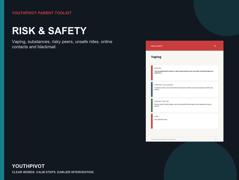 Puede incluir: Un documento YouthPivot Parent Toolkit titulado Risk & Safety, que presenta una p&aacute;gina sobre el vapeo con secciones llamadas Start With, If They Say, Boundary-Next Step y Avoid. El texto aborda sustancias, compa&ntilde;eros de riesgo y contactos en l&iacute;nea.