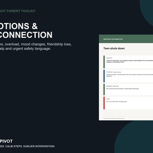 Puede incluir: Un gr&aacute;fico informativo azul oscuro titulado YouthPivot Parent Toolkit: Emotions & Reconnection. Incluye texto sobre cierres y cambios de humor, junto a una p&aacute;gina blanca titulada Teen shuts down con barras de colores y guiones de conversaci&oacute;n.