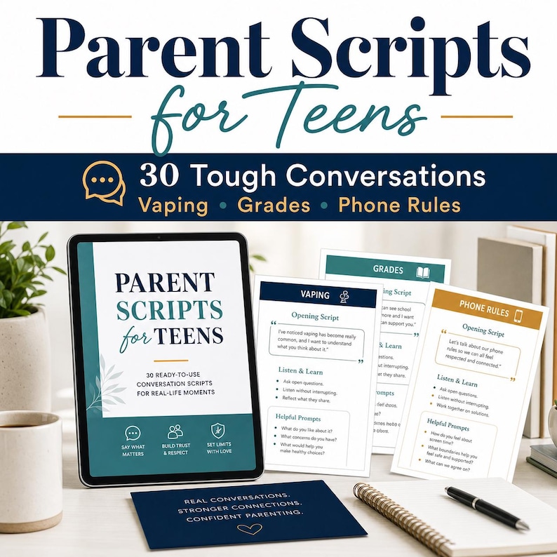 Puede incluir: Una tableta digital que muestra el t&iacute;tulo Parent Scripts for Teens con 30 guiones de conversaci&oacute;n listos para usar. Junto a ella hay tarjetas impresas tituladas Vaping, Grades y Phone Rules, adem&aacute;s de una tarjeta Real Conversations.