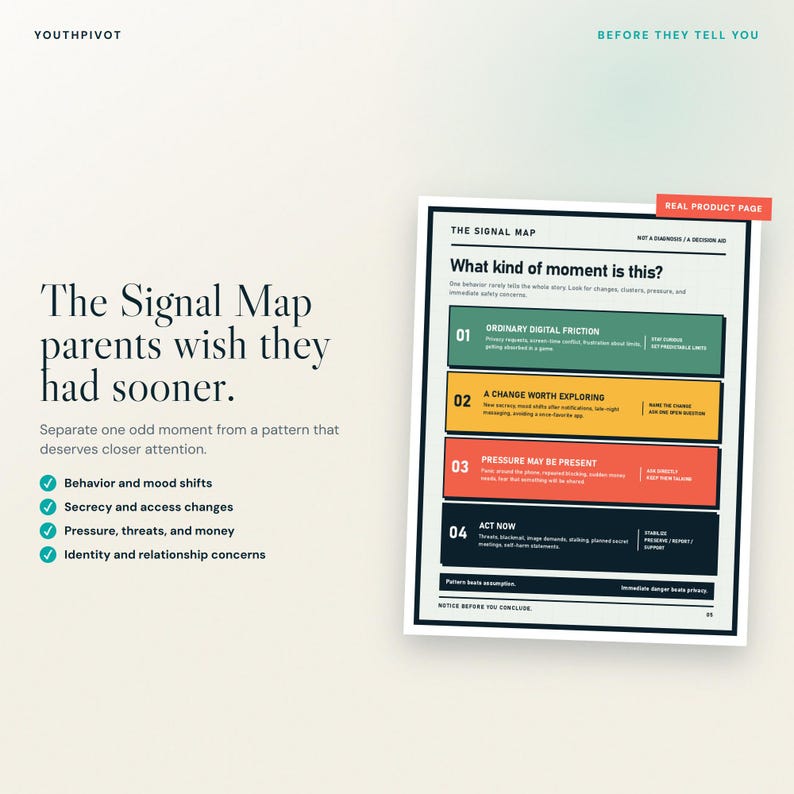 K&ouml;nnte beinhalten: Ein Dokument mit dem Titel The Signal Map, das ein vierstufiges, farbcodiertes Diagramm enth&auml;lt. Die Stufen sind Gr&uuml;n f&uuml;r ordinary digital friction, Gelb f&uuml;r a change worth exploring, Orange f&uuml;r pressure may be present und Dunkelblau f&uuml;r act now.