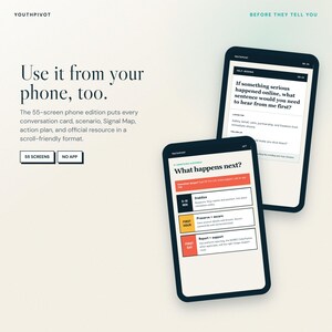 K&ouml;nnte beinhalten: Zwei Smartphones mit der digitalen Benutzeroberfl&auml;che von YouthPivot. Die Bildschirme zeigen textbasierte Anleitungen mit den Titeln 'Help-Seeking' und 'What happens next?' sowie farbcodierte Abschnitte f&uuml;r Stabilisierung, Sicherung und Meldung.