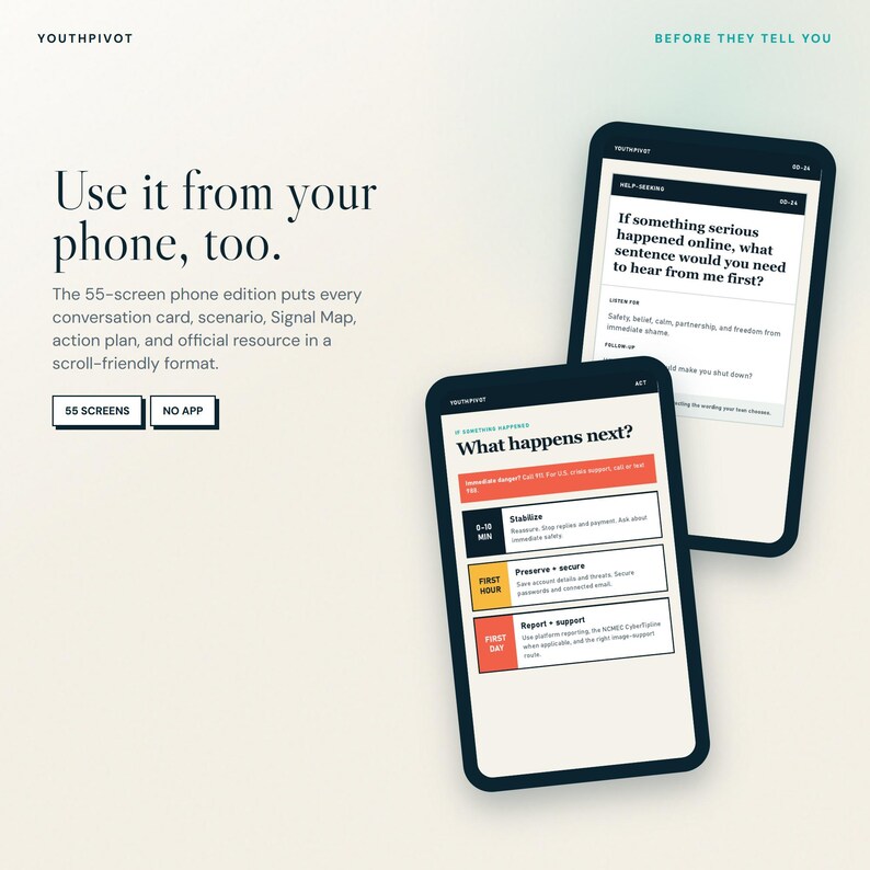 K&ouml;nnte beinhalten: Zwei Smartphones mit der digitalen Benutzeroberfl&auml;che von YouthPivot. Die Bildschirme zeigen textbasierte Anleitungen mit den Titeln 'Help-Seeking' und 'What happens next?' sowie farbcodierte Abschnitte f&uuml;r Stabilisierung, Sicherung und Meldung.