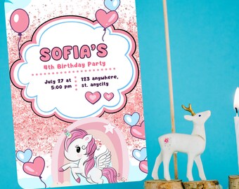 Pink Cute Unicorn Birthday Party Invitation| Whimsical Unicorn Design |