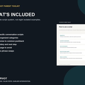 Puede incluir: El YouthPivot Parent Toolkit presenta un fondo oscuro con texto blanco que detalla un sistema de guiones. Enumera 30 guiones de conversaci&oacute;n, cinco categor&iacute;as, respuestas a objeciones, l&iacute;mites y cambios de frases sugeridos.