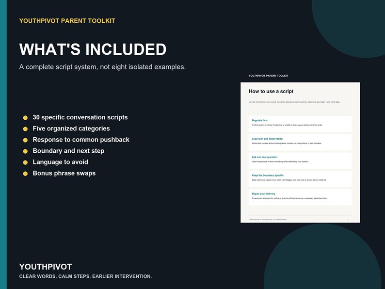Puede incluir: El YouthPivot Parent Toolkit presenta un fondo oscuro con texto blanco que detalla un sistema de guiones. Enumera 30 guiones de conversaci&oacute;n, cinco categor&iacute;as, respuestas a objeciones, l&iacute;mites y cambios de frases sugeridos.