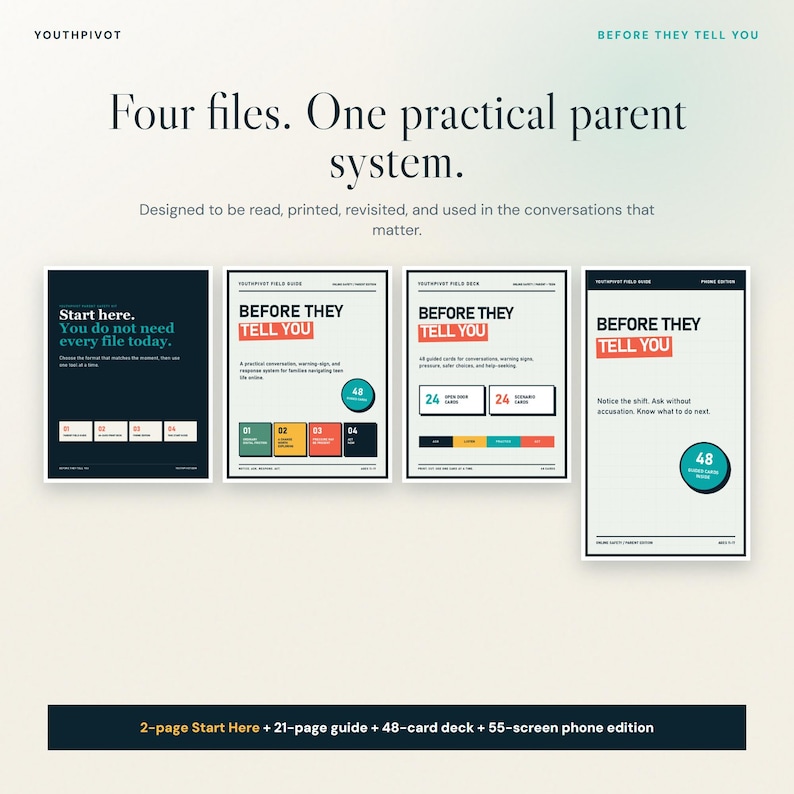 K&ouml;nnte beinhalten: Vier digitale Dokumente mit dem Titel YouthPivot Before They Tell You, bestehend aus einem Startleitfaden, einem Handbuch, einem Kartendeck und einer Handy-Edition. Schwarzer, wei&szlig;er, t&uuml;rkiser und roter Text auf hellen und dunklen Hintergr&uuml;nden.