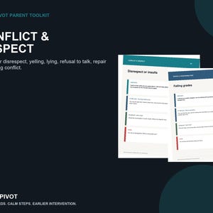 Puede incluir: El kit de herramientas para padres YouthPivot titulado Conflict & Respect presenta p&aacute;ginas impresas con guiones para abordar la falta de respeto, los gritos, las mentiras, la negativa a hablar, la reparaci&oacute;n y los conflictos entre hermanos.